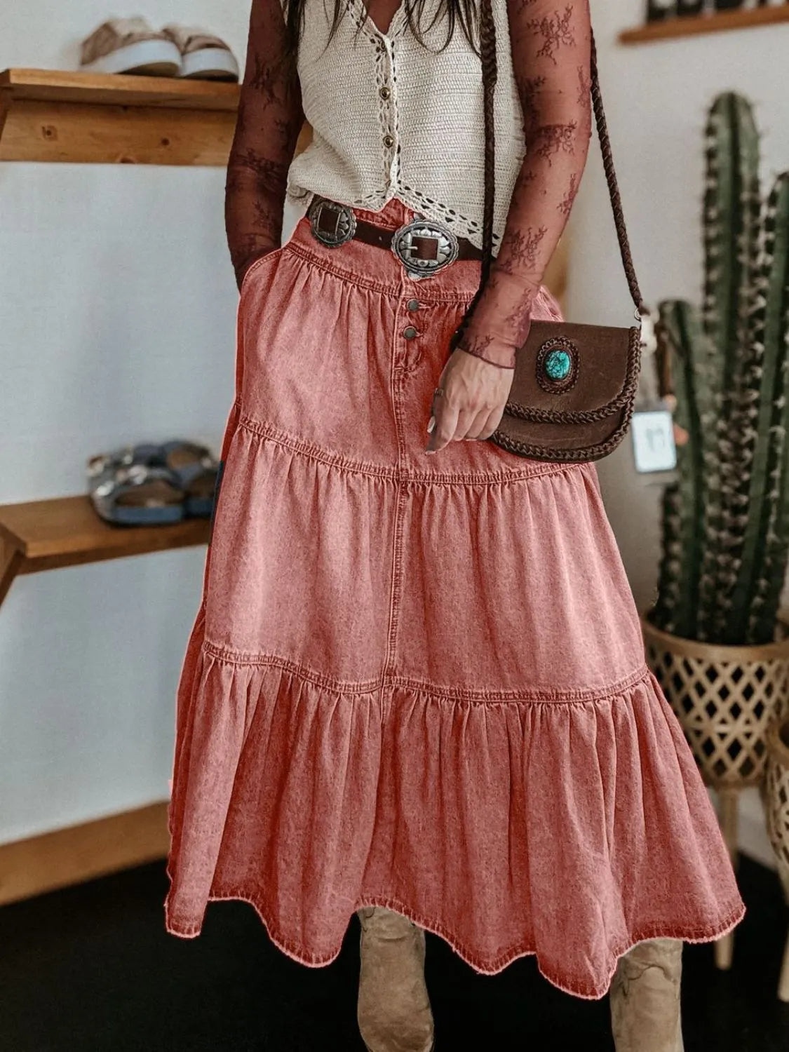 Ruched Button Fly Denim Skirt | Easy Pickins