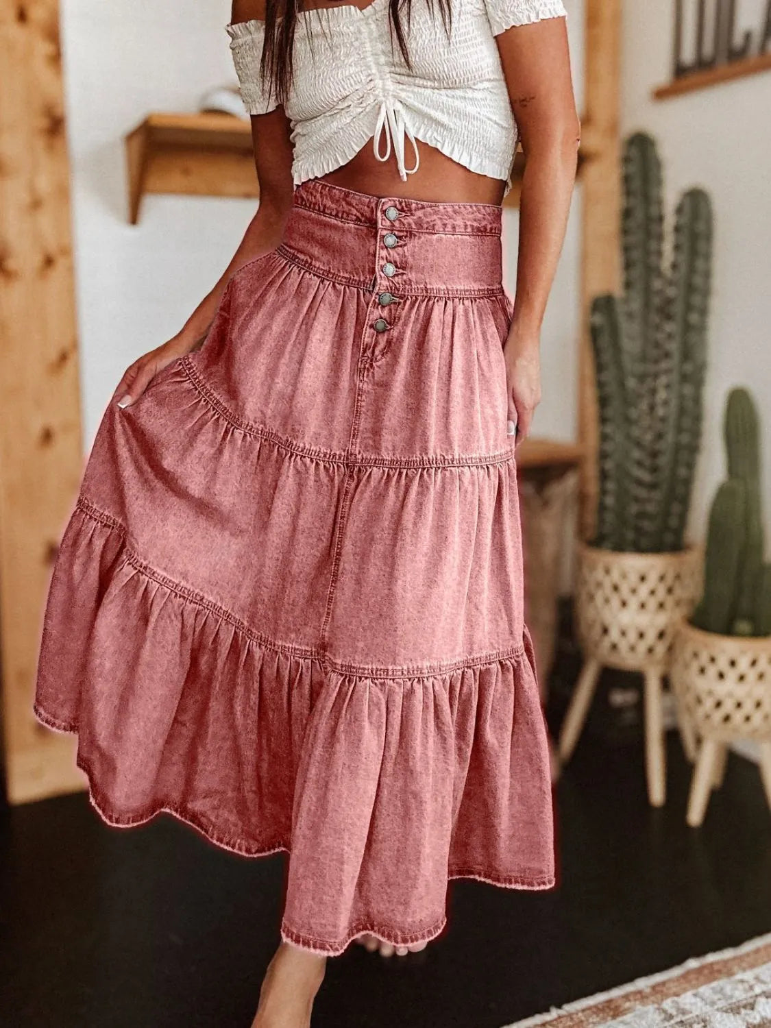 Ruched Button Fly Denim Skirt | Easy Pickins