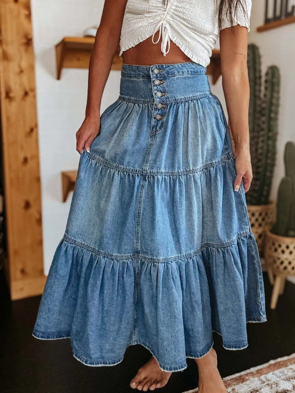 Ruched Button Fly Denim Skirt | Easy Pickins