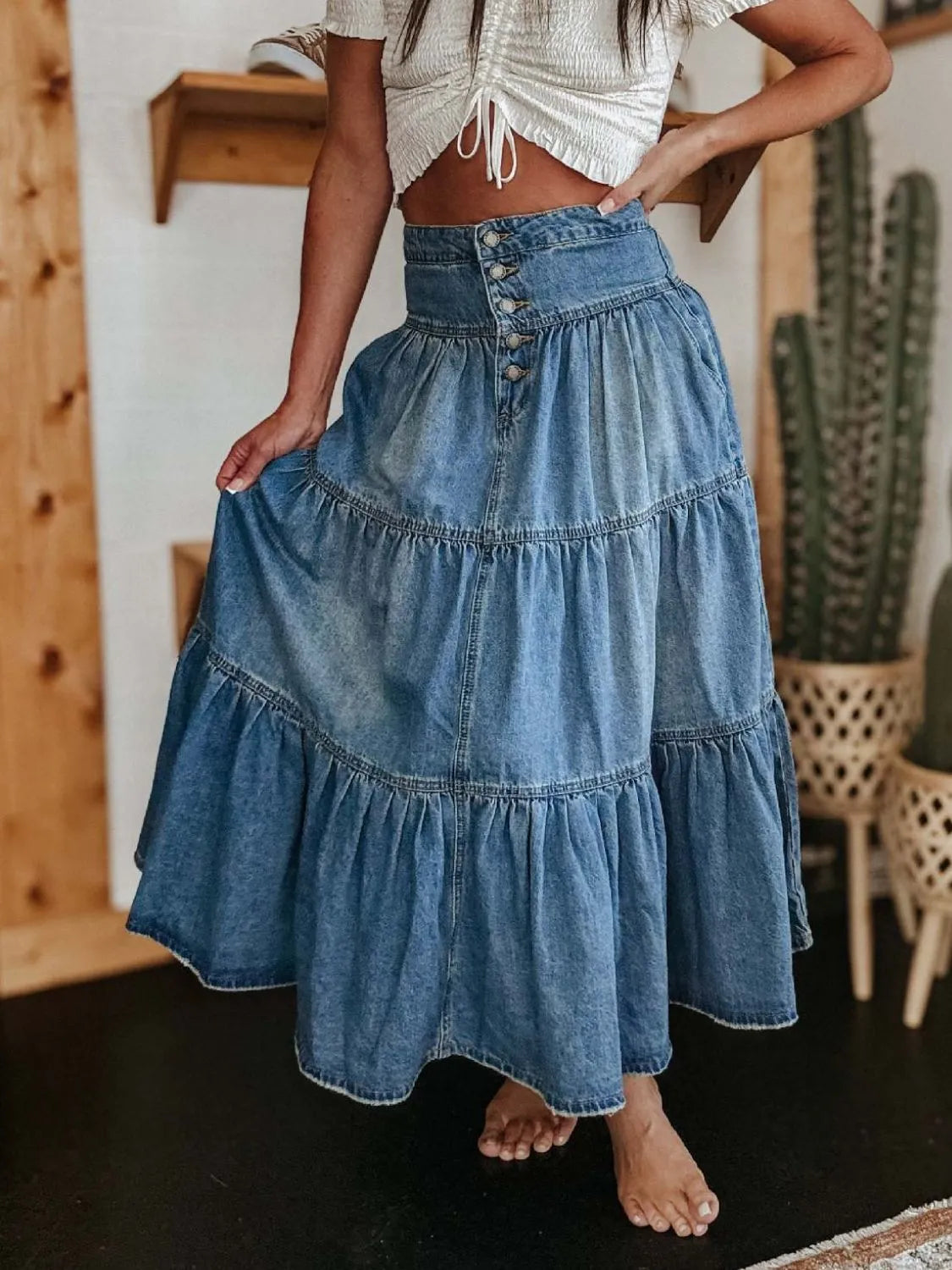 Ruched Button Fly Denim Skirt | Easy Pickins