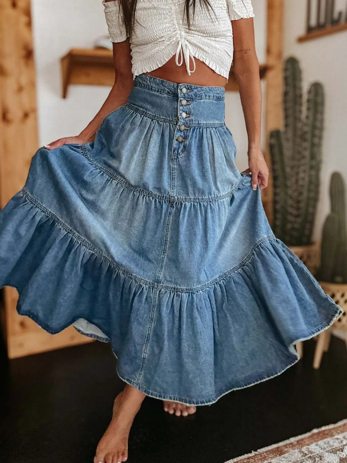 Ruched Button Fly Denim Skirt | Easy Pickins