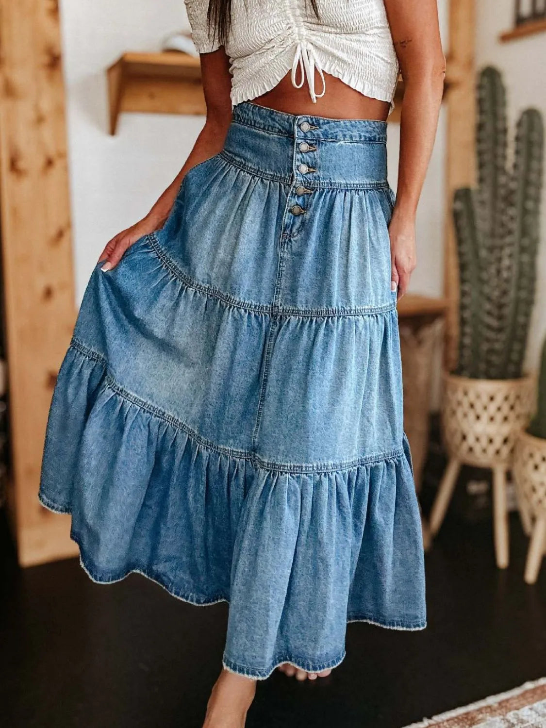 Ruched Button Fly Denim Skirt | Easy Pickins