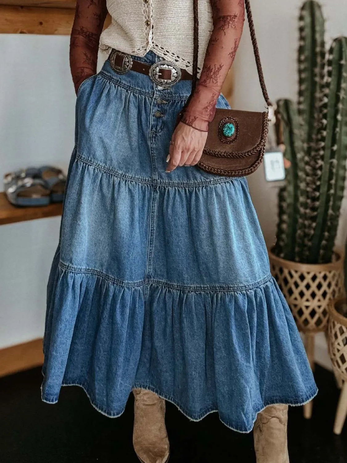 Ruched Button Fly Denim Skirt | Easy Pickins