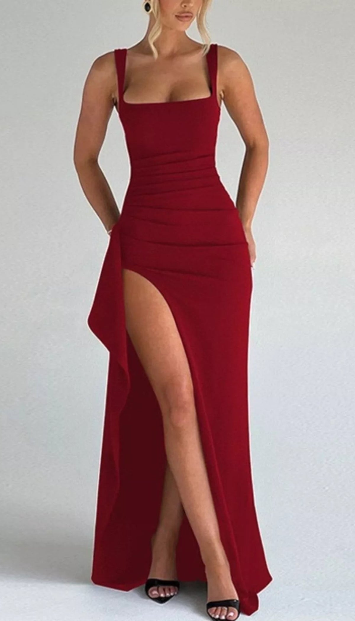 Ruched High-Slit Maxi Dress