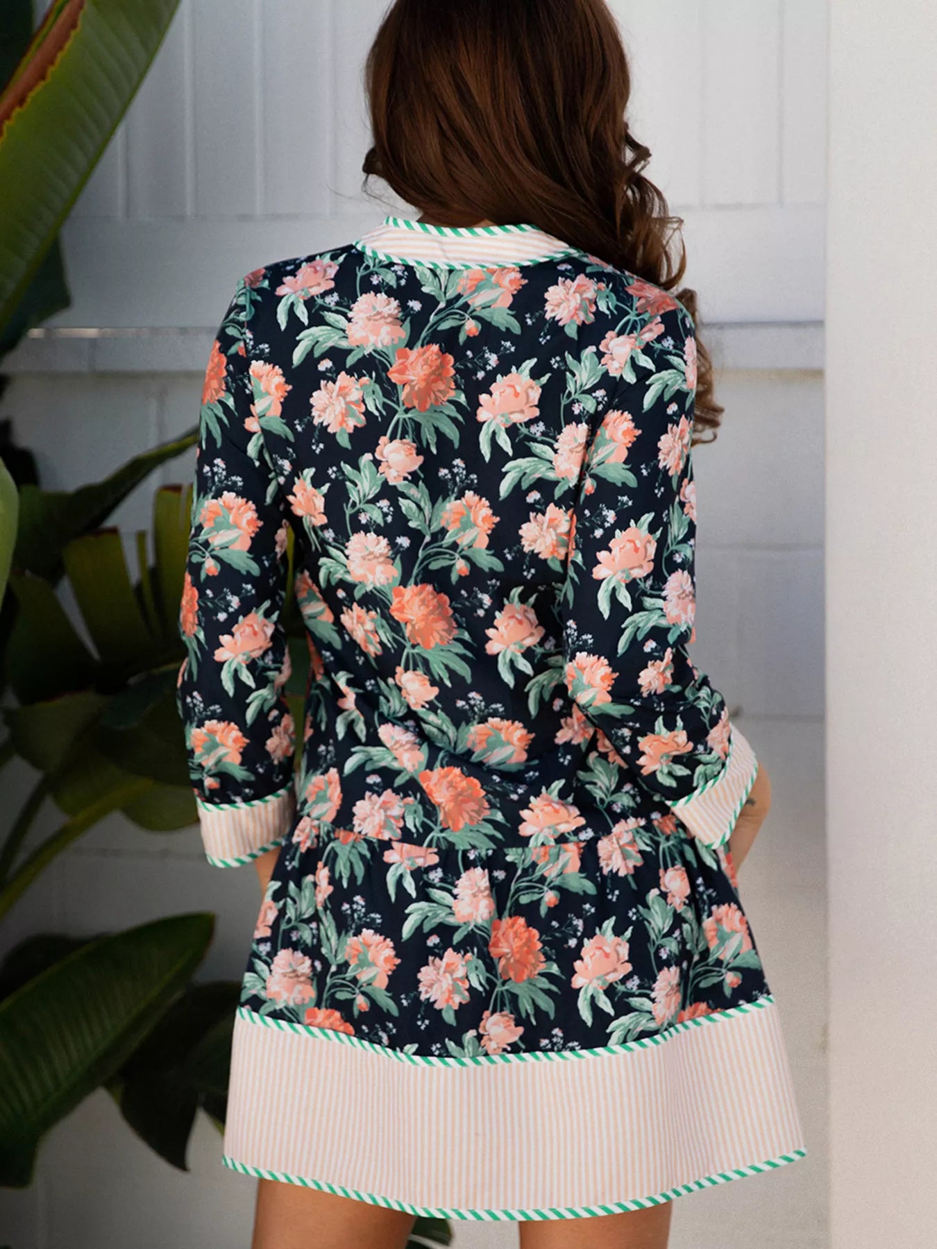 Floral Striped Trim V Neck Long Sleeve Ruffle Hem Shift Mini Dress