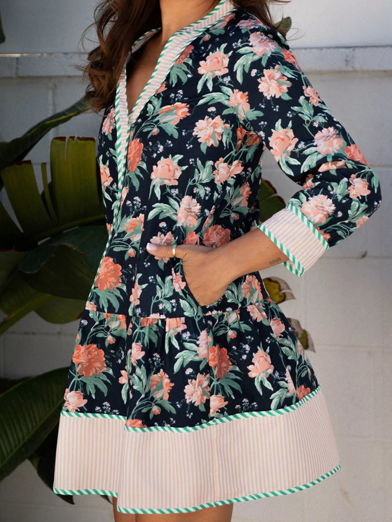 Floral Striped Trim V Neck Long Sleeve Ruffle Hem Shift Mini Dress