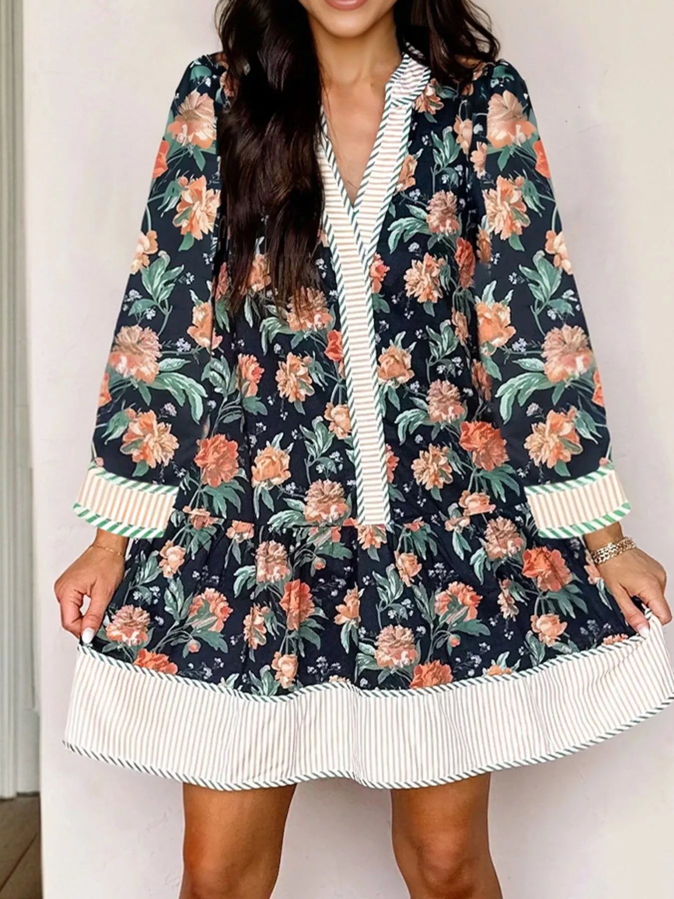 Floral Striped Trim V Neck Long Sleeve Ruffle Hem Shift Mini Dress