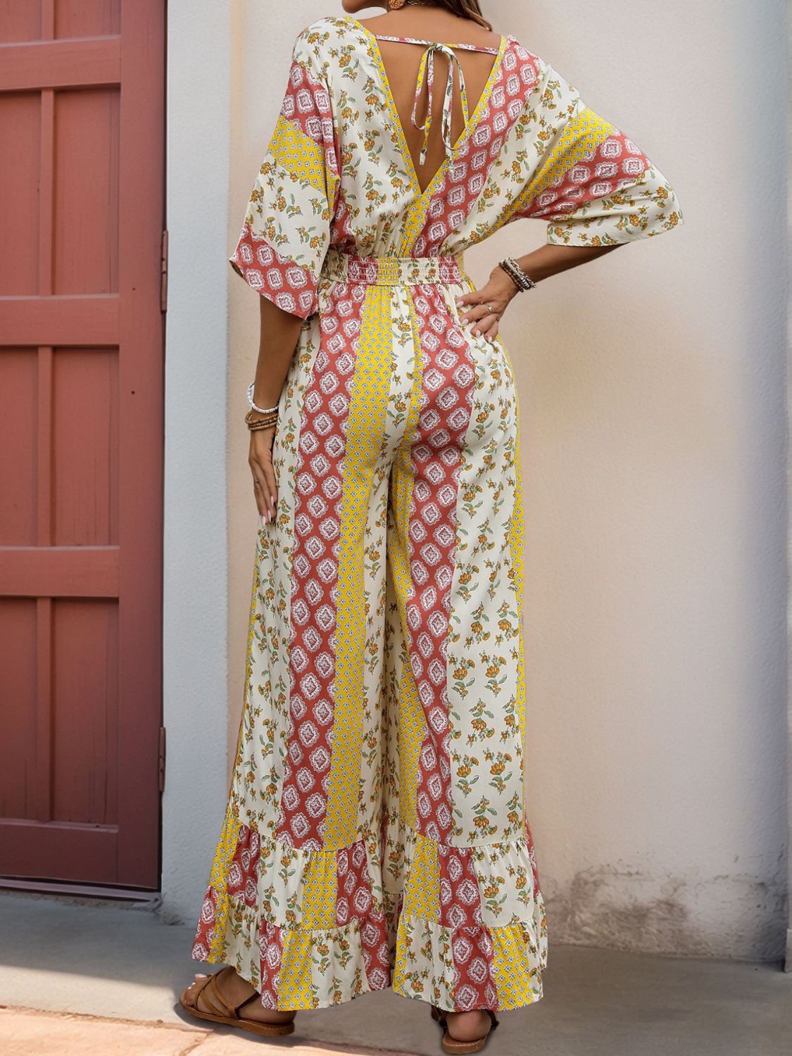 Ruffled Hem Printed V-Neck Jumpsuit | Easy Pickins