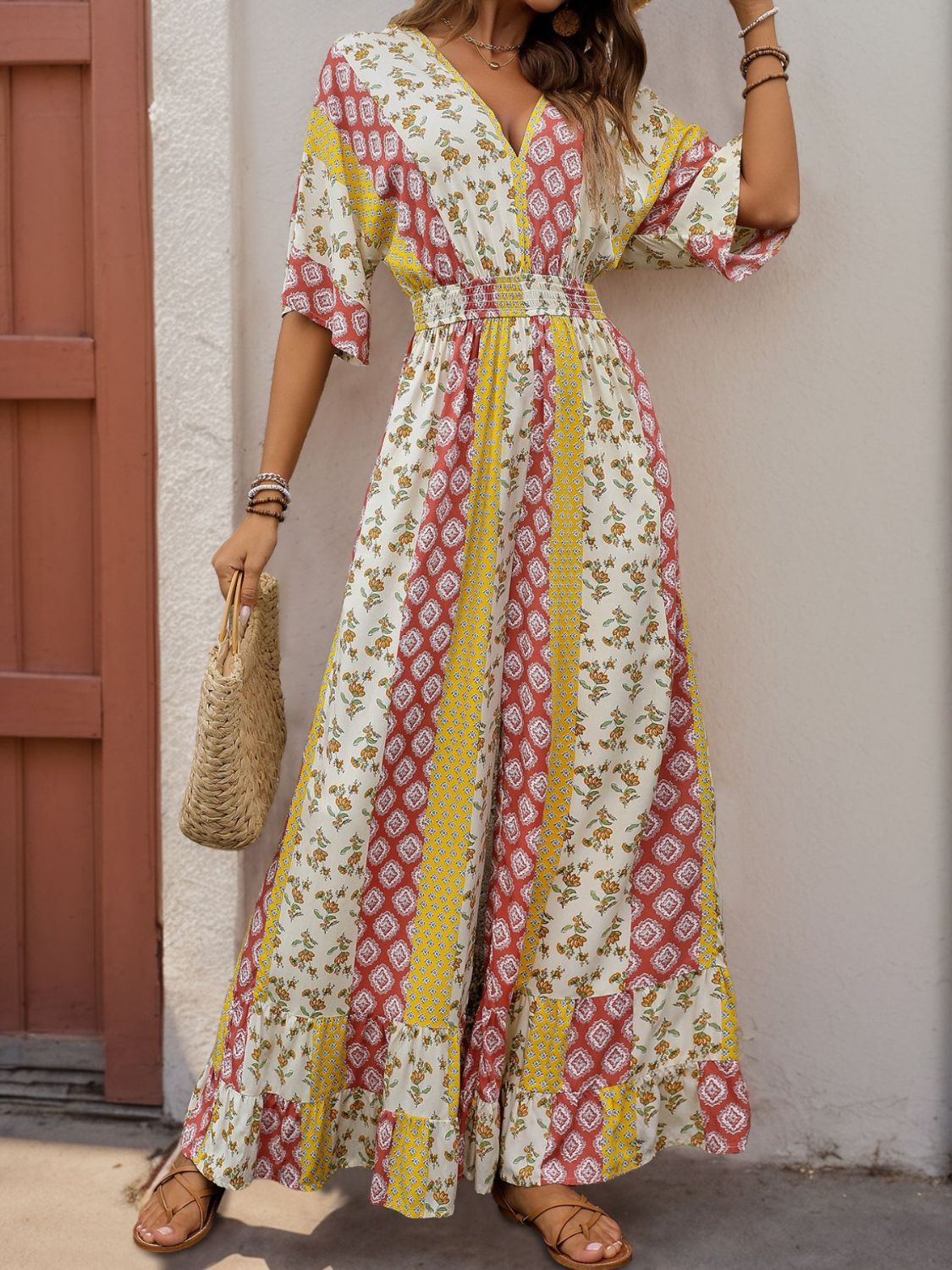 Ruffled Hem Printed V-Neck Jumpsuit | Easy Pickins