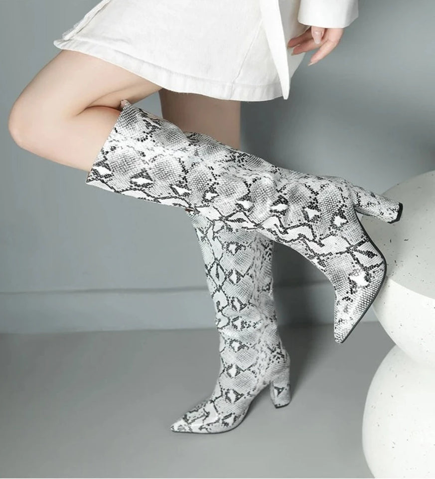Colorful Snake Skin Thick High Heel Pointed Toe Zip Pleated Boots