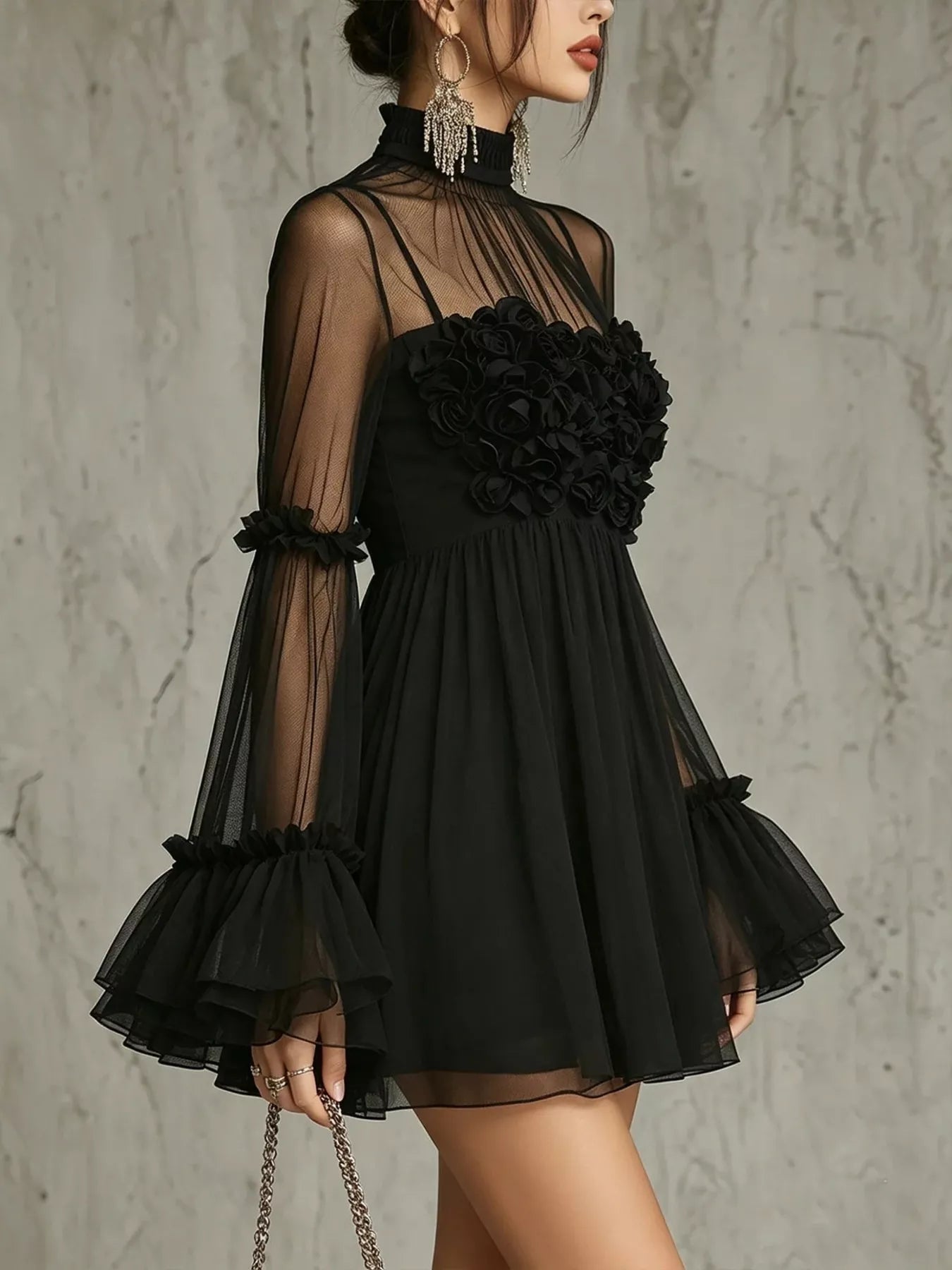 Sheer Mesh Flare Sleeve Mini Dress