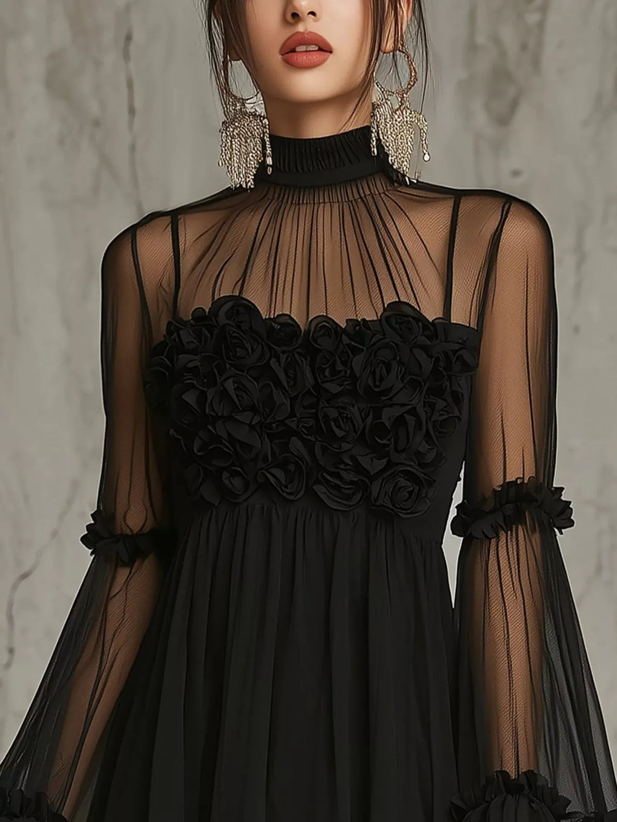 Sheer Mesh Flare Sleeve Mini Dress