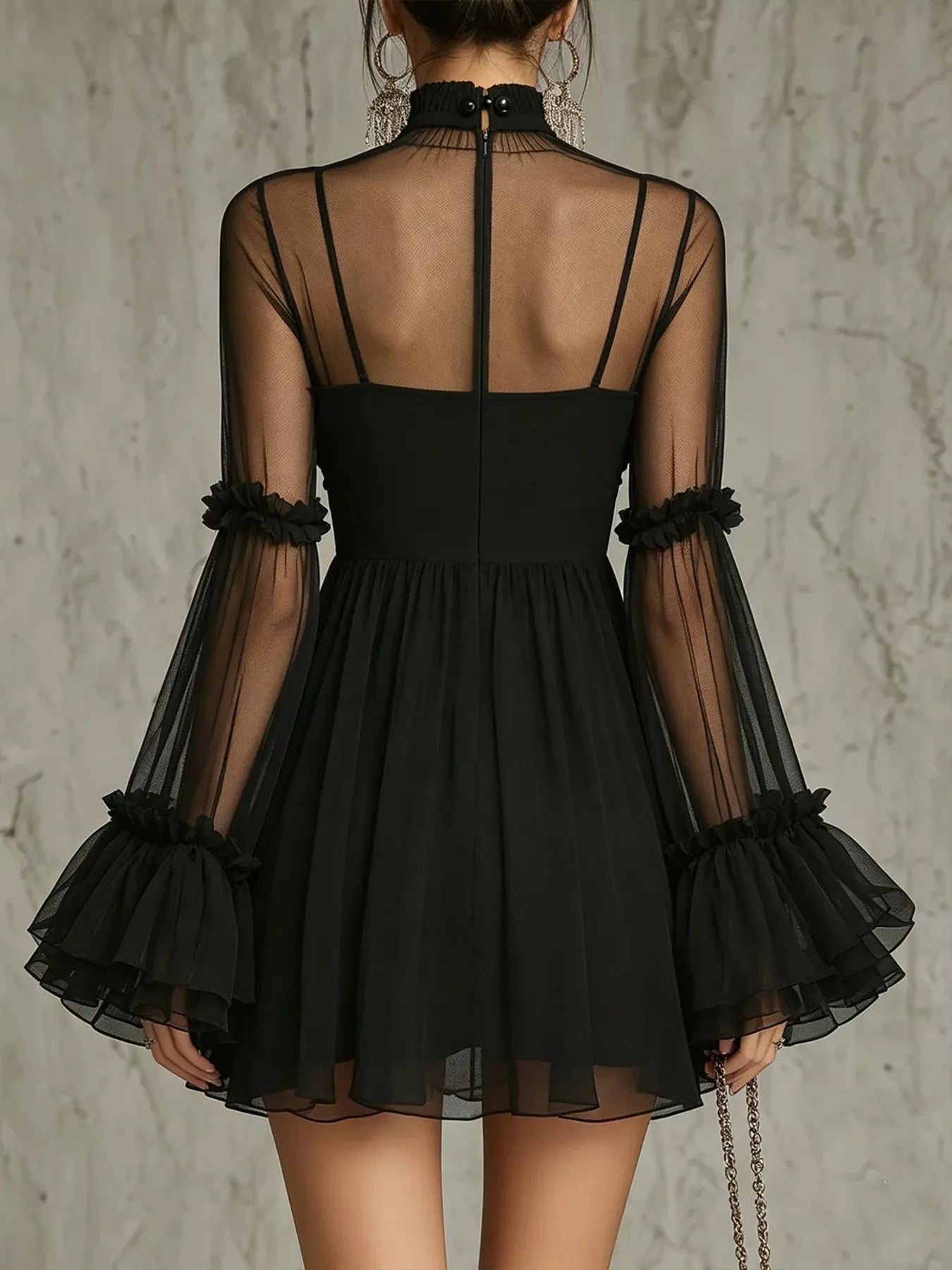 Sheer Mesh Flare Sleeve Mini Dress