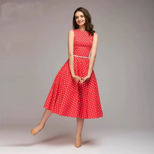 Sleeveless High Waist Retro Polka Dot Long Swing Dress With Belt - Easy Pickins Store