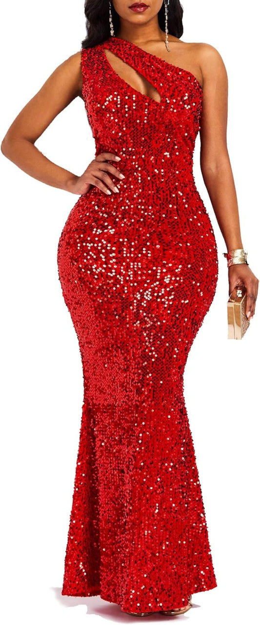 Sparkle One Shoulder Elegant Long Dress