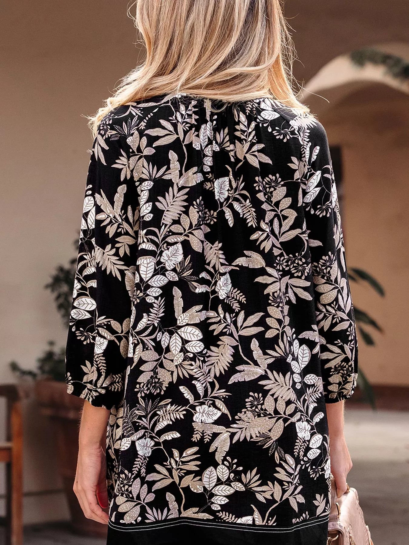 3/4 Sleeve Botanical Print Split Neck Loose Mini Dress | Easy Pickins