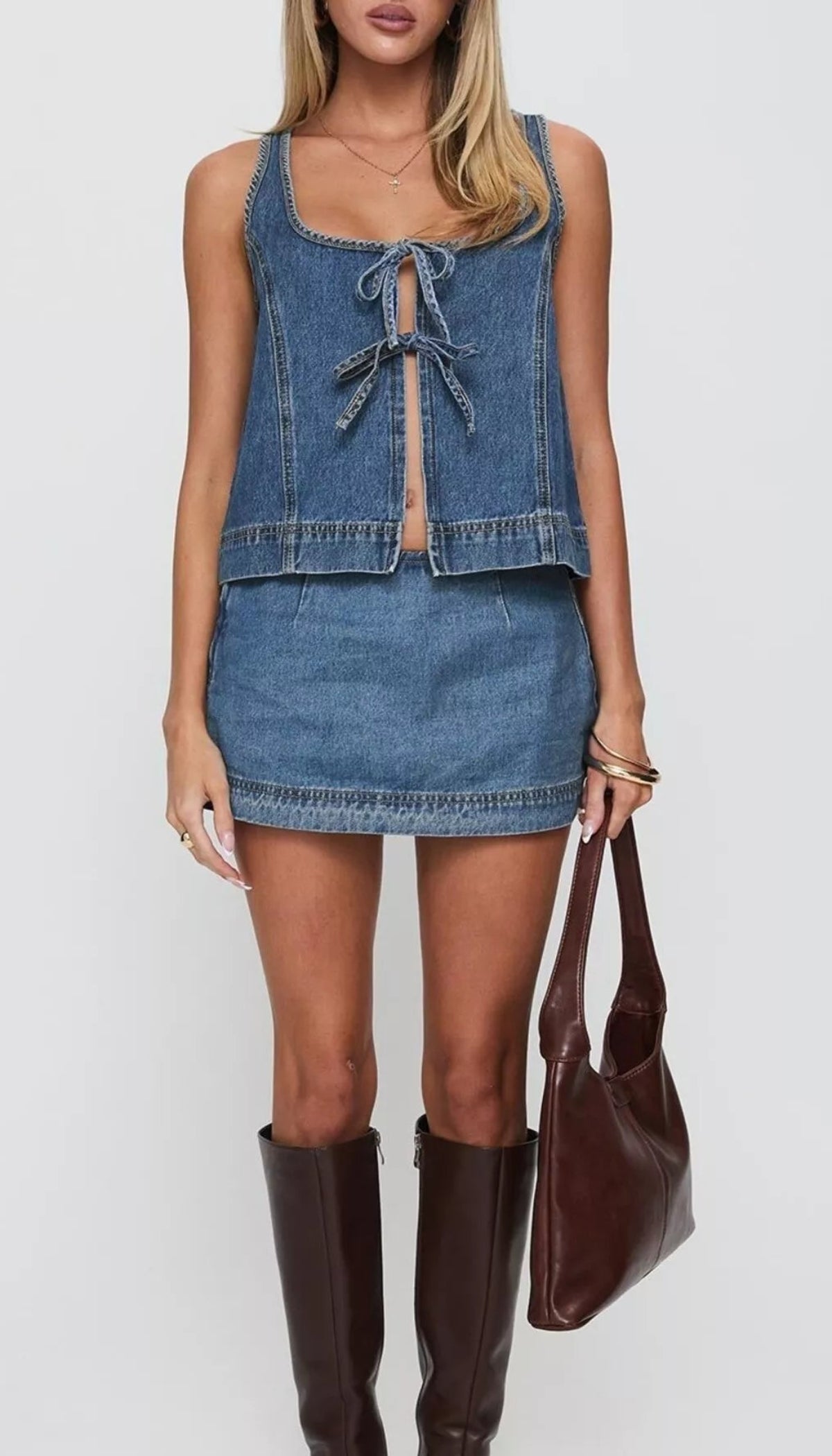 Tie-Front Tank and Skirt Denim Set