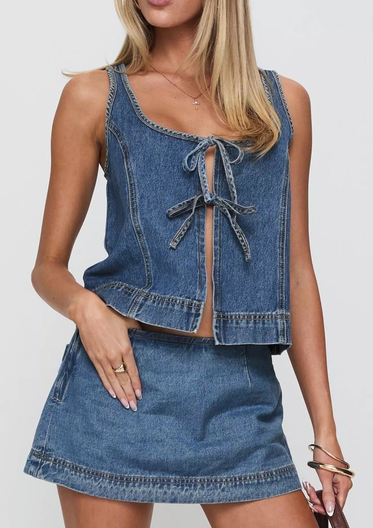 Tie-Front Tank and Skirt Denim Set