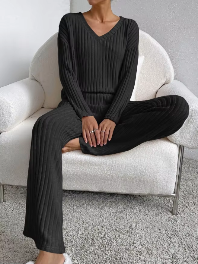Ribbed V-Neck Top and Pants Lounge Set