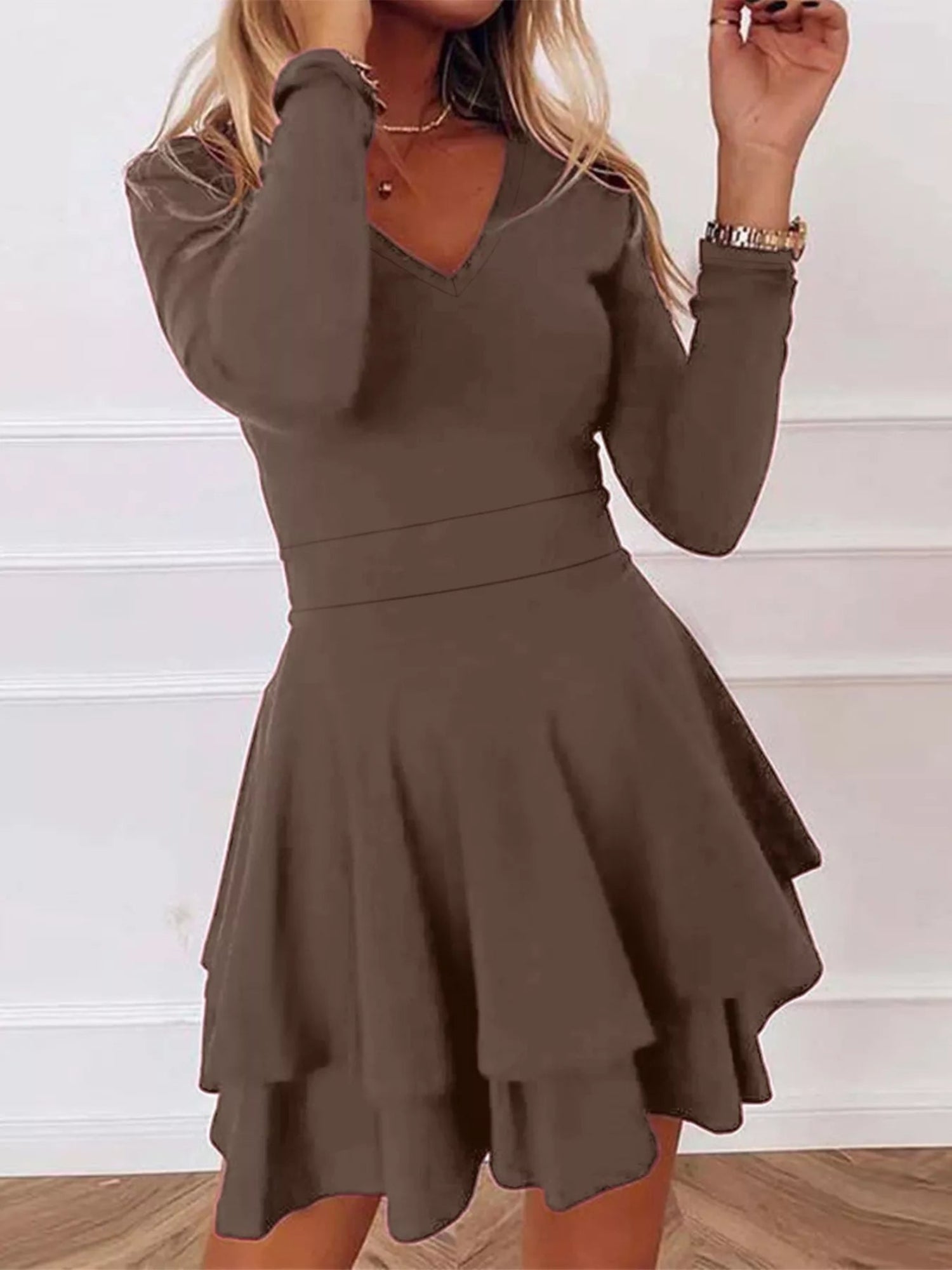 V-Neck Layered Ruffle Mini Dress