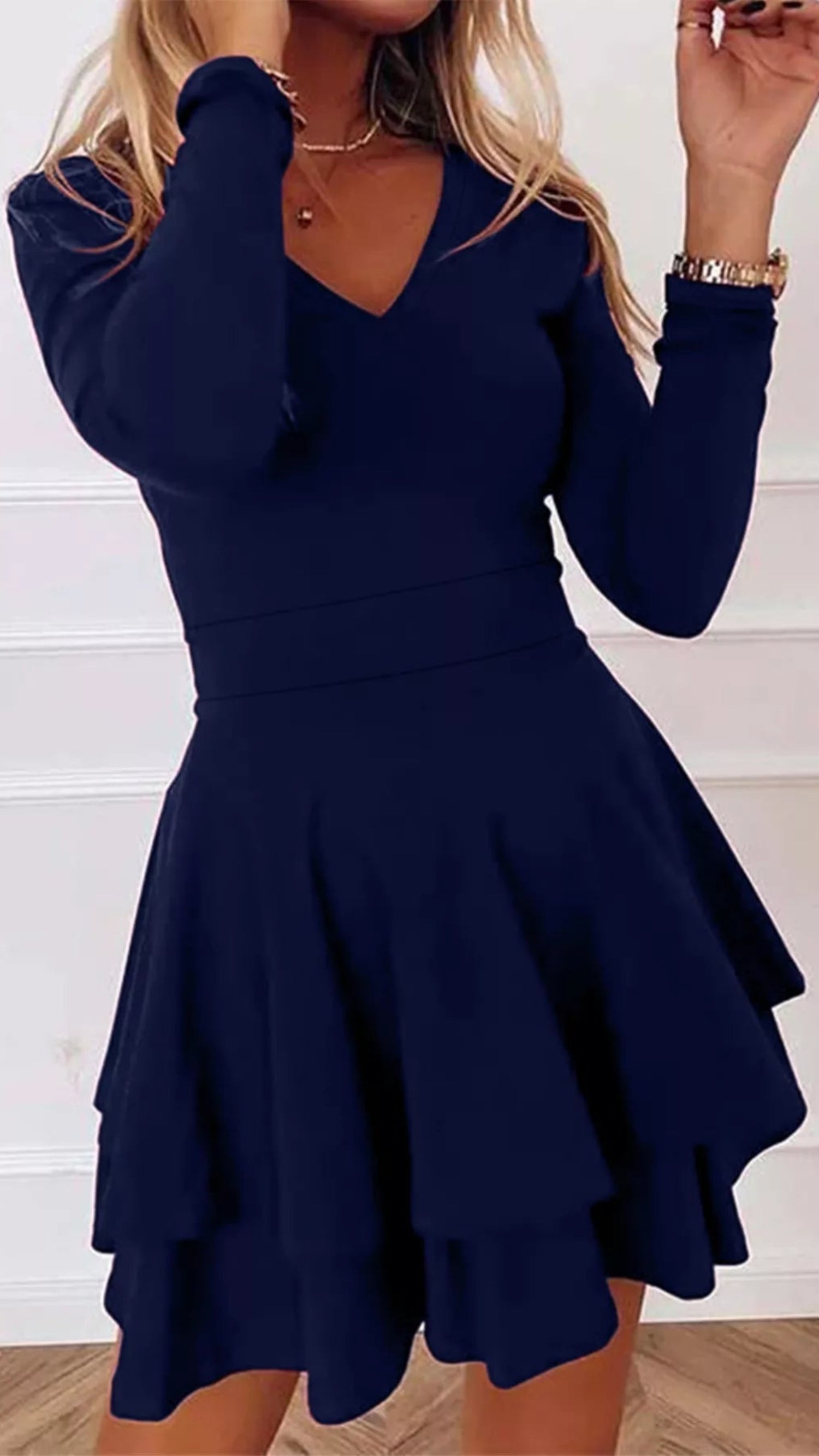 V-Neck Layered Ruffle Mini Dress