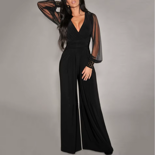 V neck Mesh Long Sleeve Lace up Black Jumpsuit | Easy Pickins