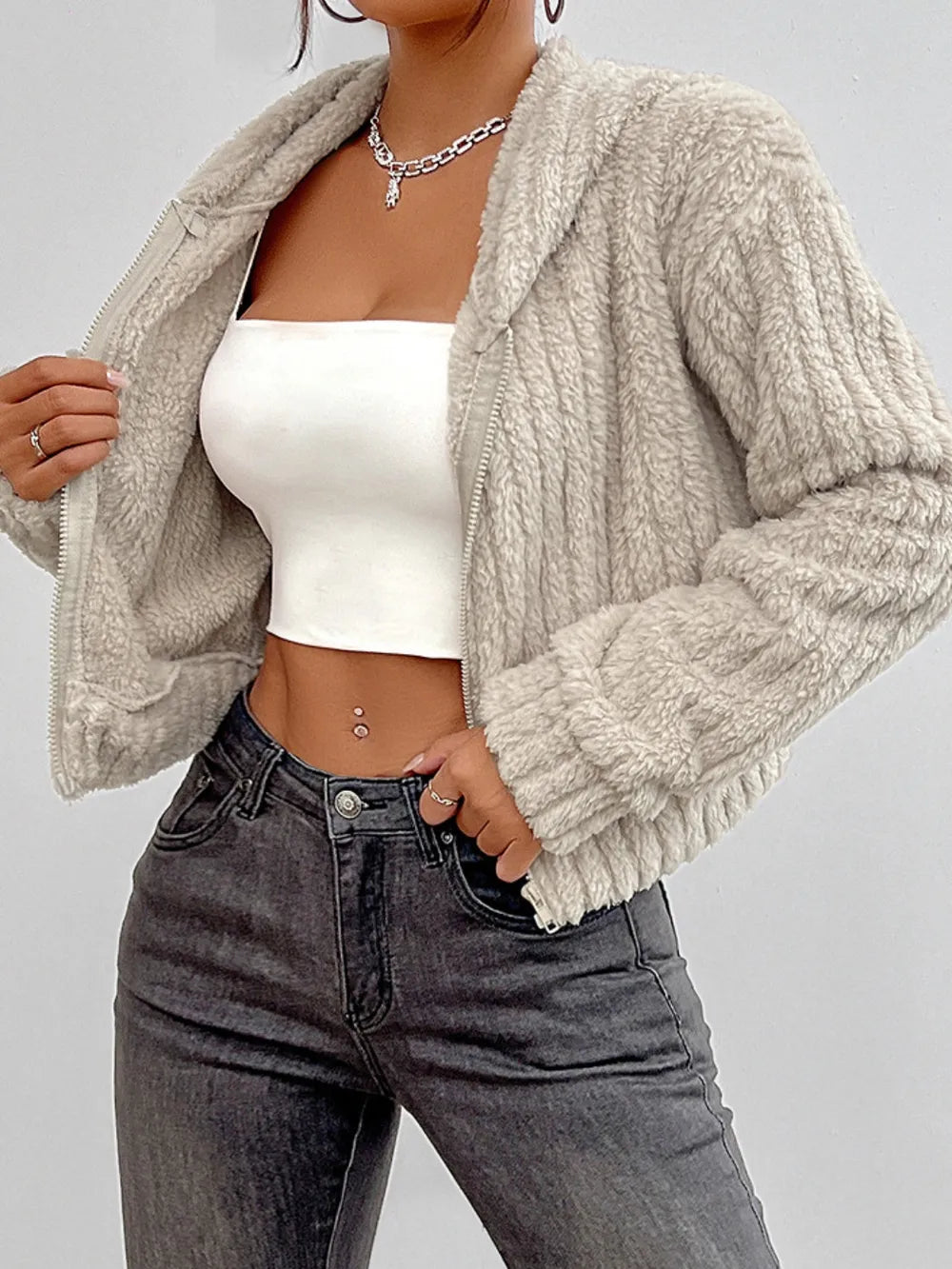 Zip Up Long Sleeve Fuzzy Hooded Jacket | Easy Pickins