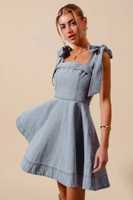 A Line Fit and Flare Diamond Bow Ribbon Denim Dres - Easy Pickins Store