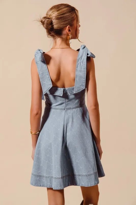 A Line Fit and Flare Diamond Bow Ribbon Denim Dres - Easy Pickins Store