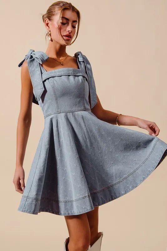 A Line Fit and Flare Diamond Bow Ribbon Denim Dres - Easy Pickins Store