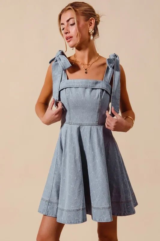 A Line Fit and Flare Diamond Bow Ribbon Denim Dres - Easy Pickins Store