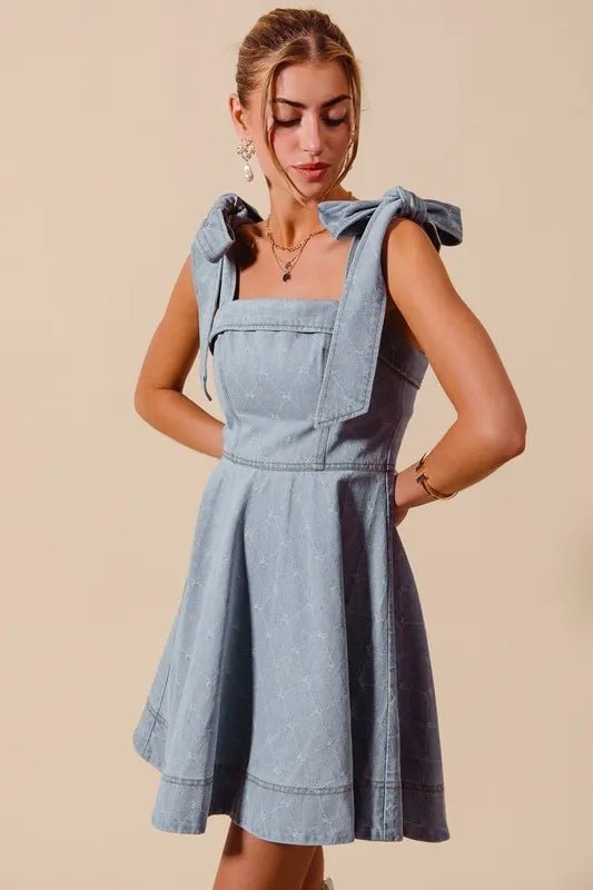 A Line Fit and Flare Diamond Bow Ribbon Denim Dres - Easy Pickins Store