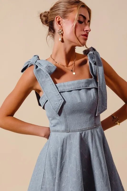 A Line Fit and Flare Diamond Bow Ribbon Denim Dres - Easy Pickins Store