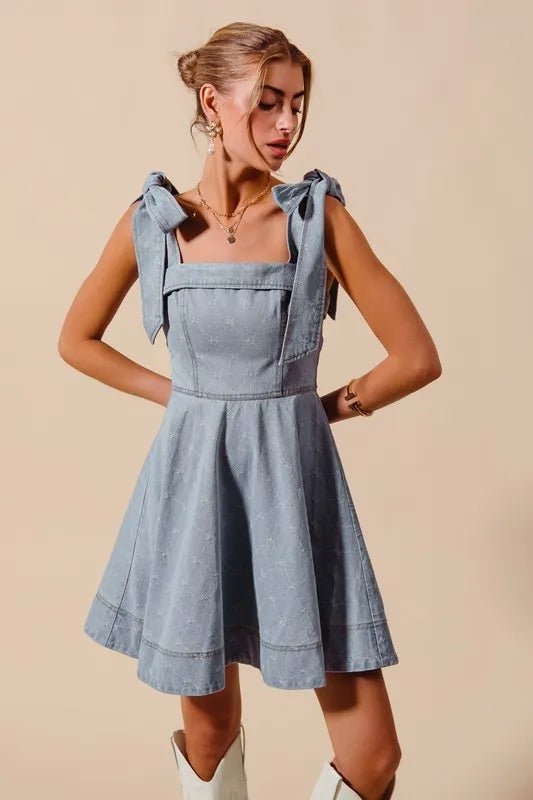 A Line Fit and Flare Diamond Bow Ribbon Denim Dres - Easy Pickins Store