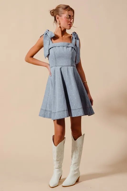 A Line Fit and Flare Diamond Bow Ribbon Denim Dres - Easy Pickins Store