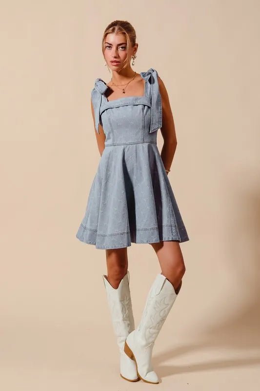 A Line Fit and Flare Diamond Bow Ribbon Denim Dres - Easy Pickins Store