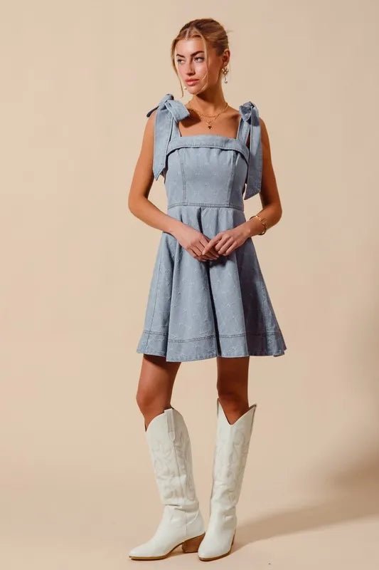 A Line Fit and Flare Diamond Bow Ribbon Denim Dres - Easy Pickins Store