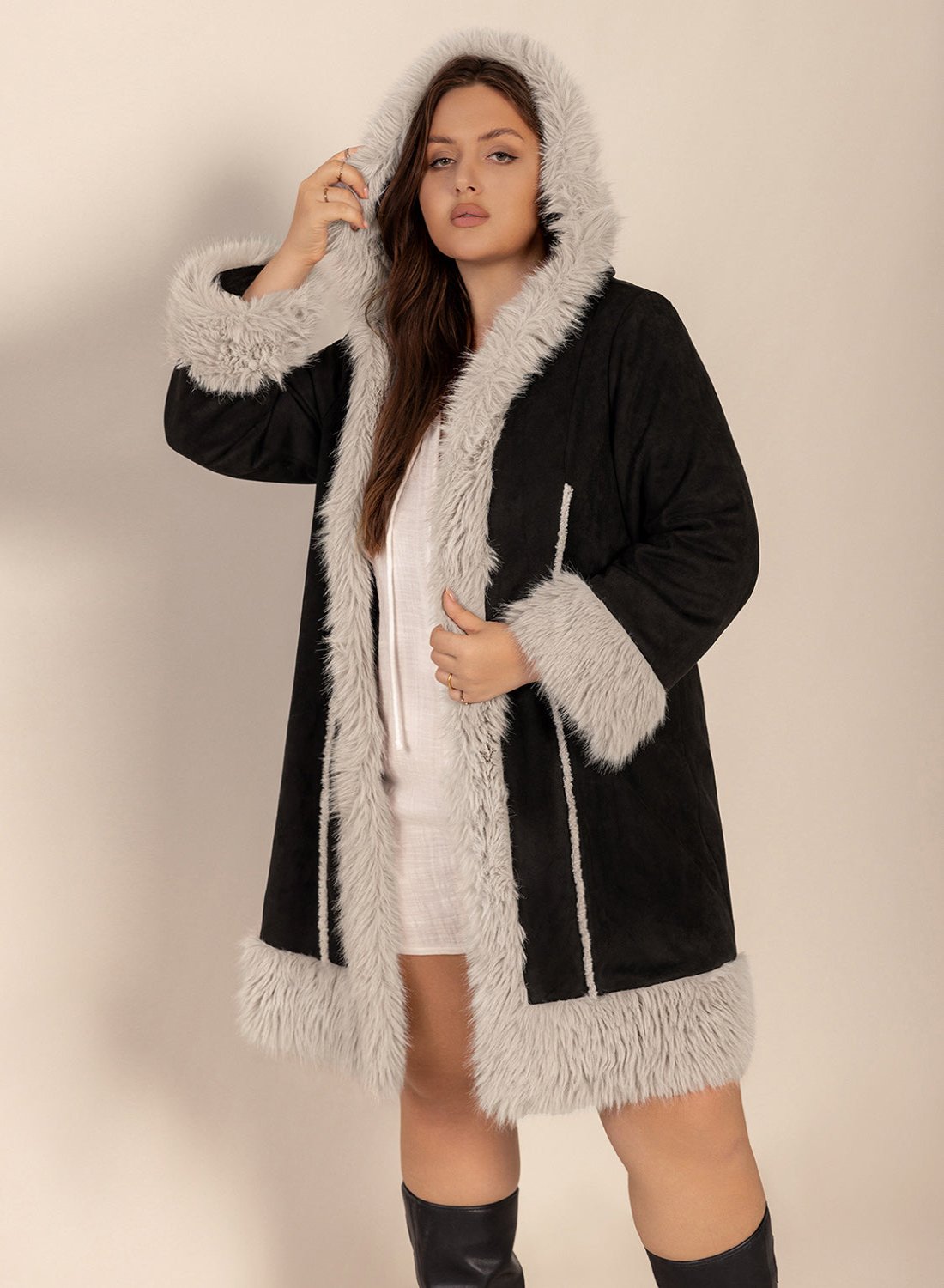 Fuzzy Trim Open Front Long Sleeve Hooded Coat - Easy Pickins Store