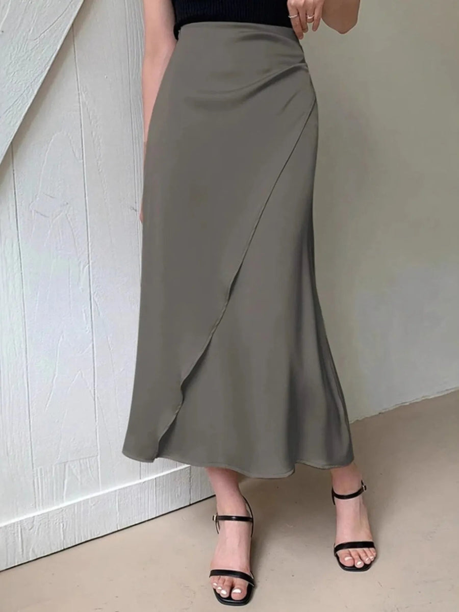 Asymmetric Wrap Midi Skirt with Fluted Hem - Easy Pickins Store