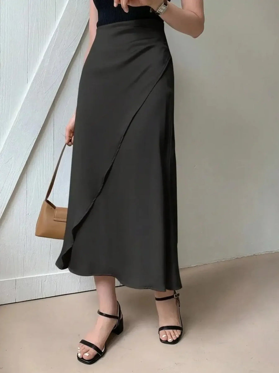 Asymmetric Wrap Midi Skirt with Fluted Hem - Easy Pickins Store