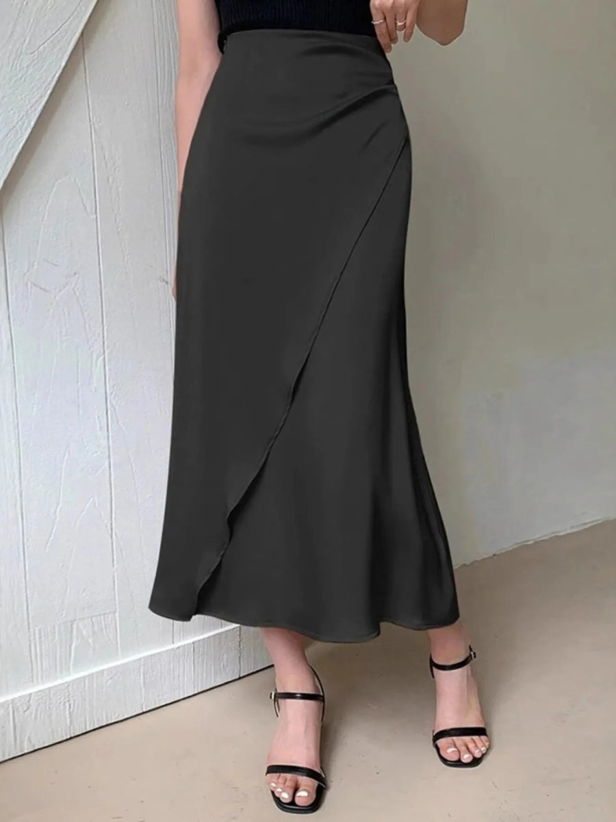 Asymmetric Wrap Midi Skirt with Fluted Hem - Easy Pickins Store