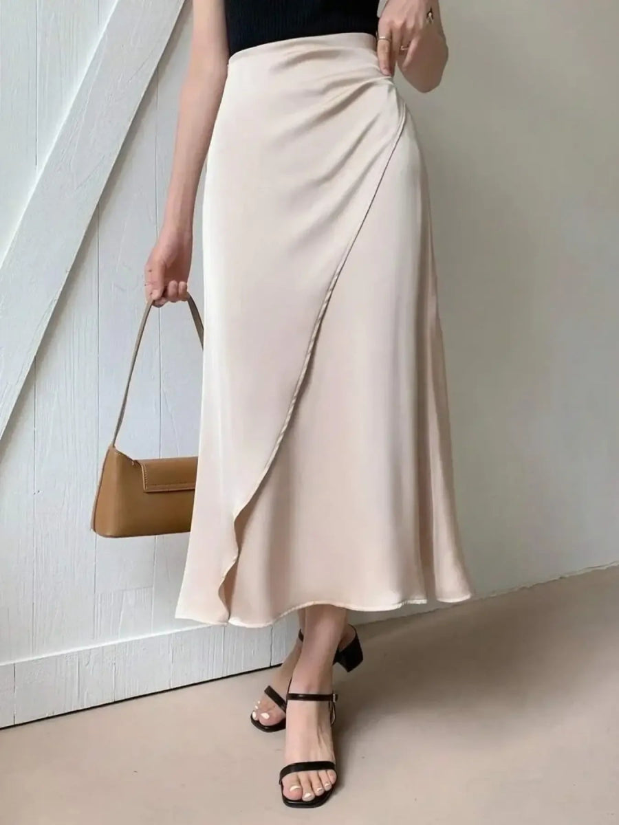 Asymmetric Wrap Midi Skirt with Fluted Hem - Easy Pickins Store