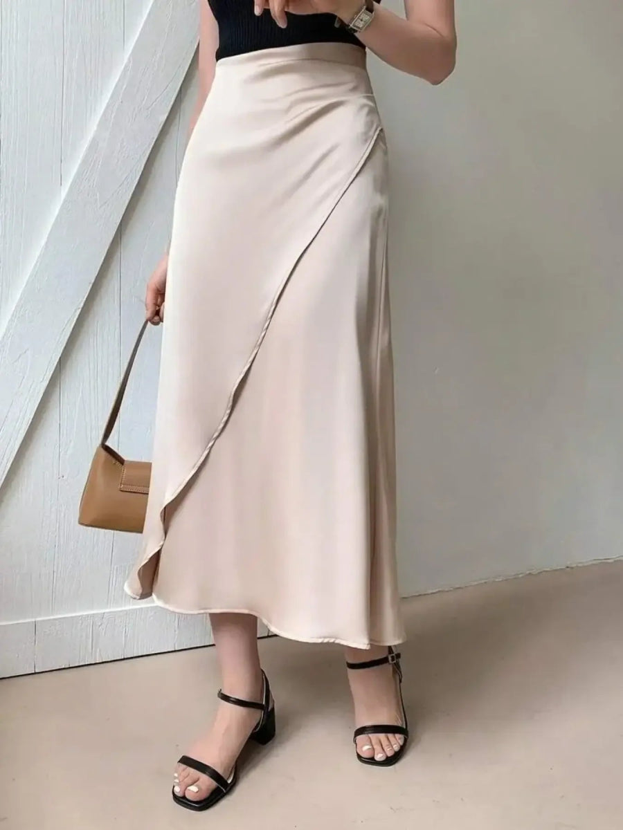 Asymmetric Wrap Midi Skirt with Fluted Hem - Easy Pickins Store