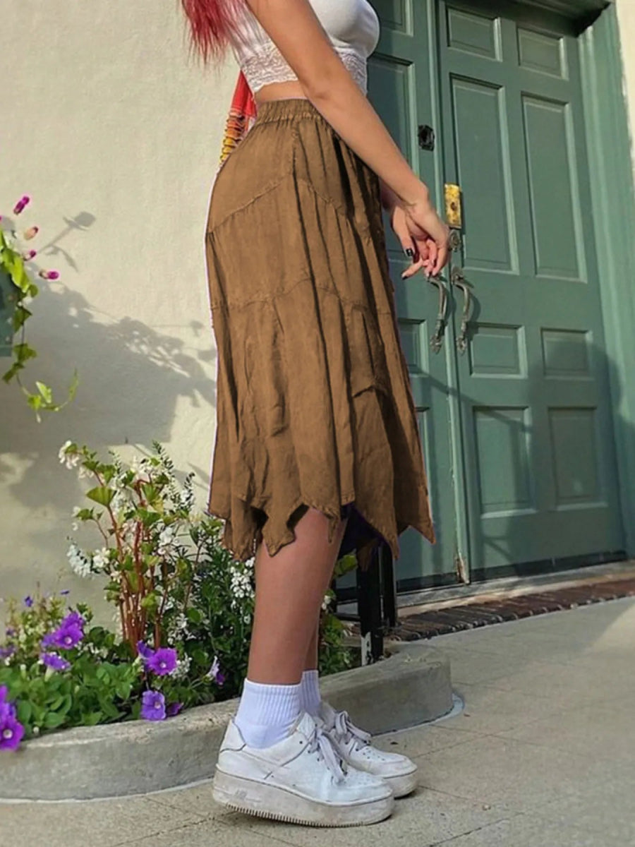 Asymmetrical Hem Midi Skirt with Drawstring Waist - Easy Pickins Store