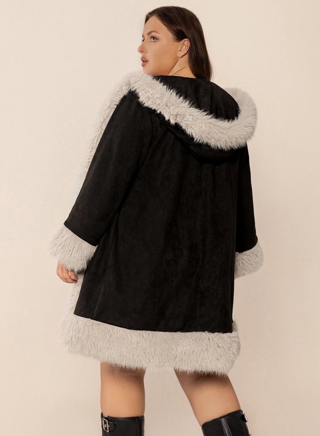 Fuzzy Trim Open Front Long Sleeve Hooded Coat - Easy Pickins Store
