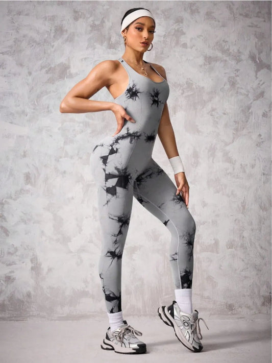 Back Crisscross Tie - Dye Scoop Neck Active Jumpsuit - Easy Pickins Store