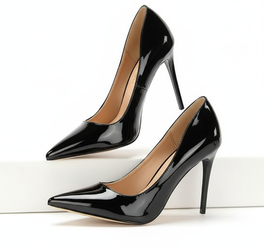 Brand Black Leather Pointed Toe Thin High Heels