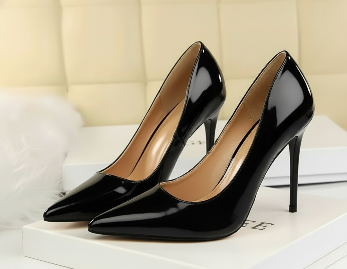 Brand Black Leather Pointed Toe Thin High Heels