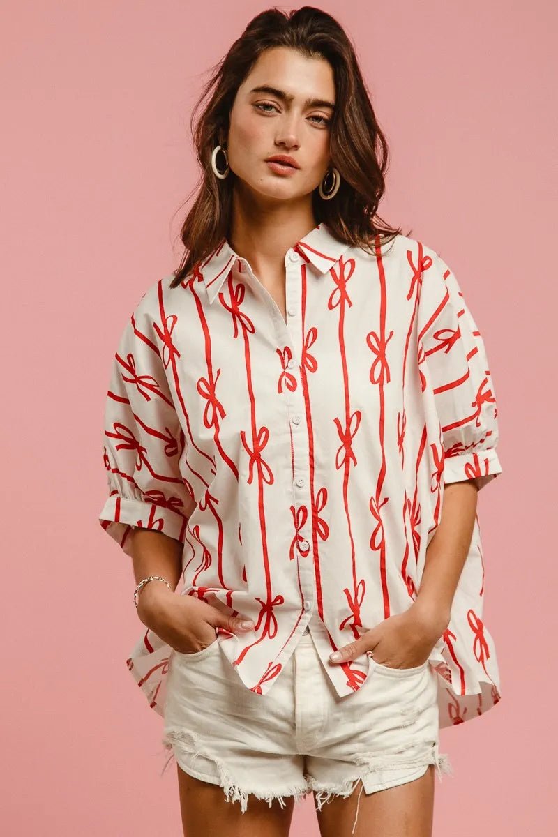 Bow Ribbon Woven Printed Button Down Shirt - Easy Pickins Store