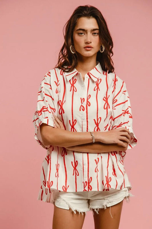 Bow Ribbon Woven Printed Button Down Shirt - Easy Pickins Store